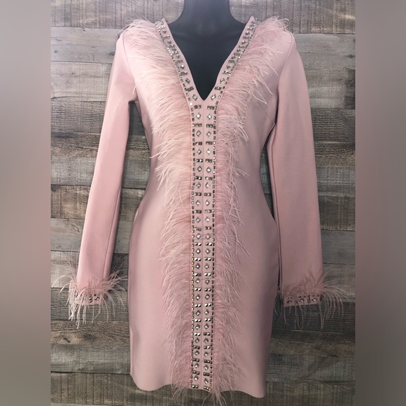 Pink/Salmon Colored Fashion Nova Bandage Dress with Feather Accents Size S - Picture 2 of 16